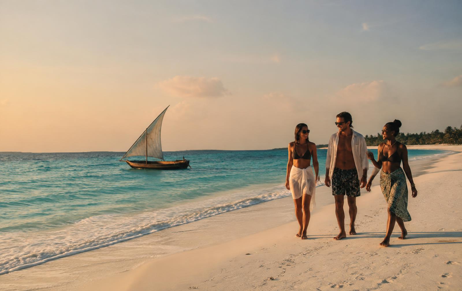 Friends walking along a beach in Zanzibar at sunset
